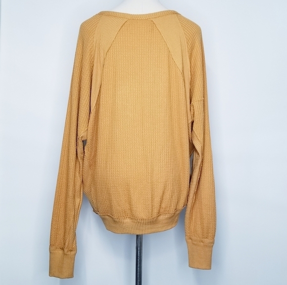 We the Free Yellow Mustard Loose Fit Deep V-neck Waffle Knit Longsleeve Top, S - Picture 2 of 10
